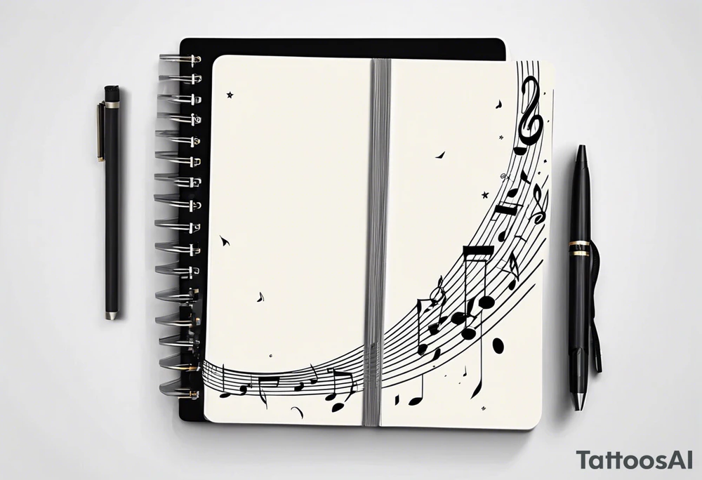 Slightly open spiral notebook with music notes coming out of it tattoo idea