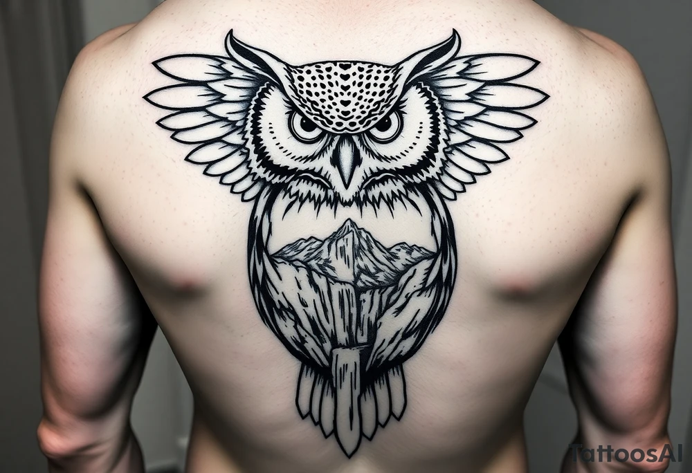 Fierce owl with yosemite falls background in the tummy of the owl black fine line tattoo tattoo idea