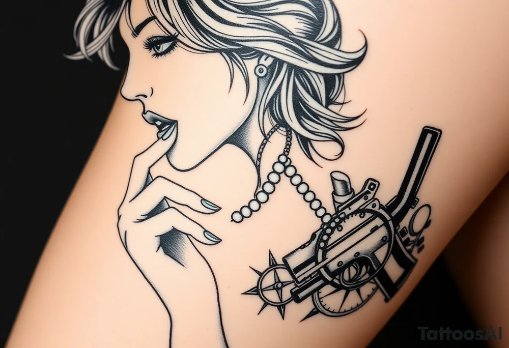 Profile of sexy woman with messy hair
, hand on chin, mouth open , lace, lipstick, pearls
compass and gun near by tattoo idea