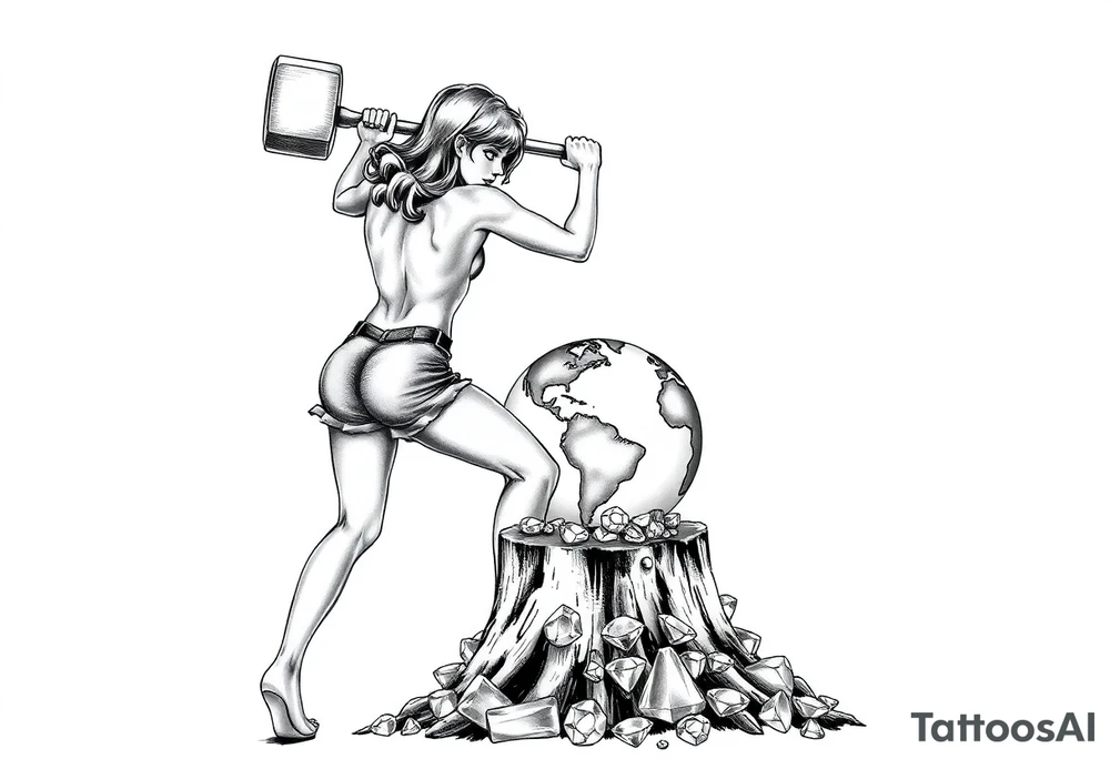 pin up girl in very short shorts swinging a very large mallet onto a small version of the earth globe, the earth glove is on top of a tree stump and being compressed by the mallet, and at the base of the stump is a pile of diamonds. pressure makes diamonds. Her short shorts are not covering her butt all the way. She is facing me with her breast bare and out. tattoo idea