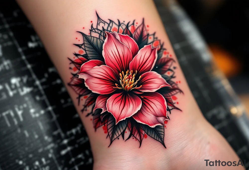 red  and black rhododendron trippy with mandala behind tattoo idea