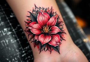 red  and black rhododendron trippy with mandala behind tattoo idea