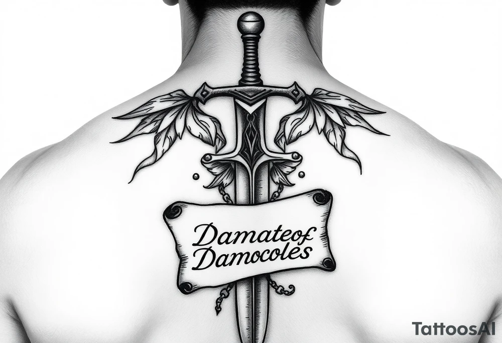 Please generate Polynesian style tattoos for me.
My qualities are authenticity, constructive reflection after failure and balance in relationships.
The sword should cover my back from top to bottom, passing over my spine with great relief and detail, surrounded by a parchment written in fine italic letters “Sword of Damocles”. tattoo idea