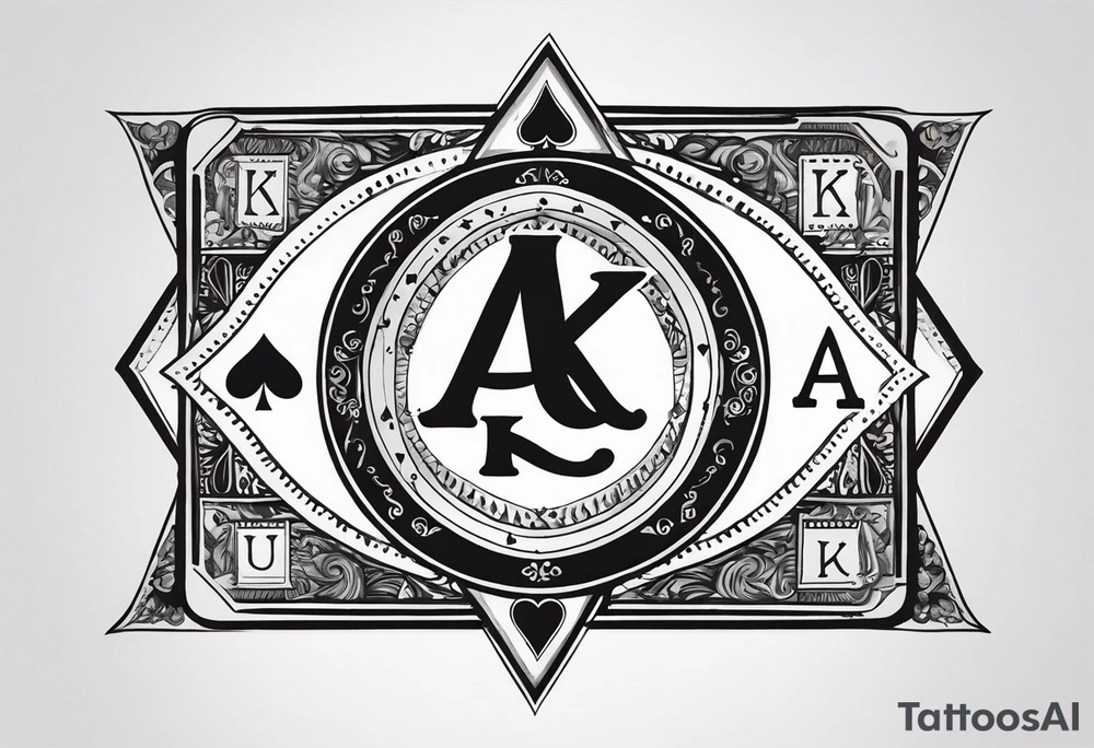 Only  Two cards no faces just letters and shapes, king of hearts with the K in the middle of the card and hearts in the corners and the Ace of spades behind it with the A in the corner peeking from behind the king of hearts card tattoo idea
