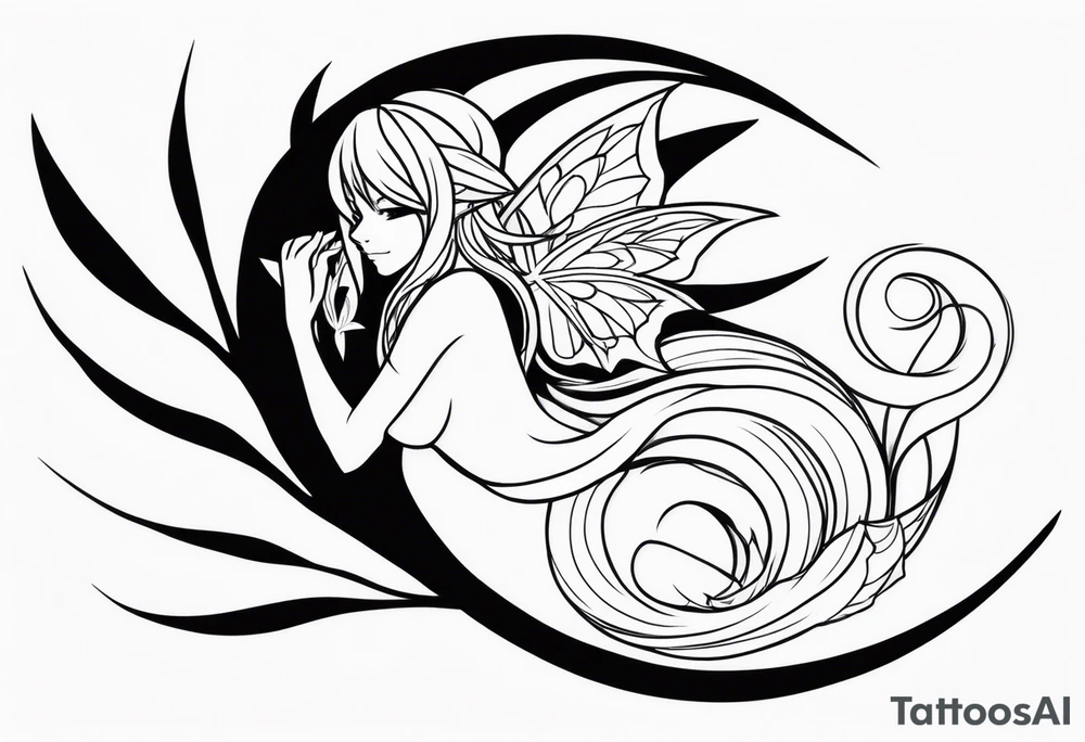 A fairy with a tail inspired by the logo of the show called Fairy Tail in a fetal position leaning in tattoo idea
