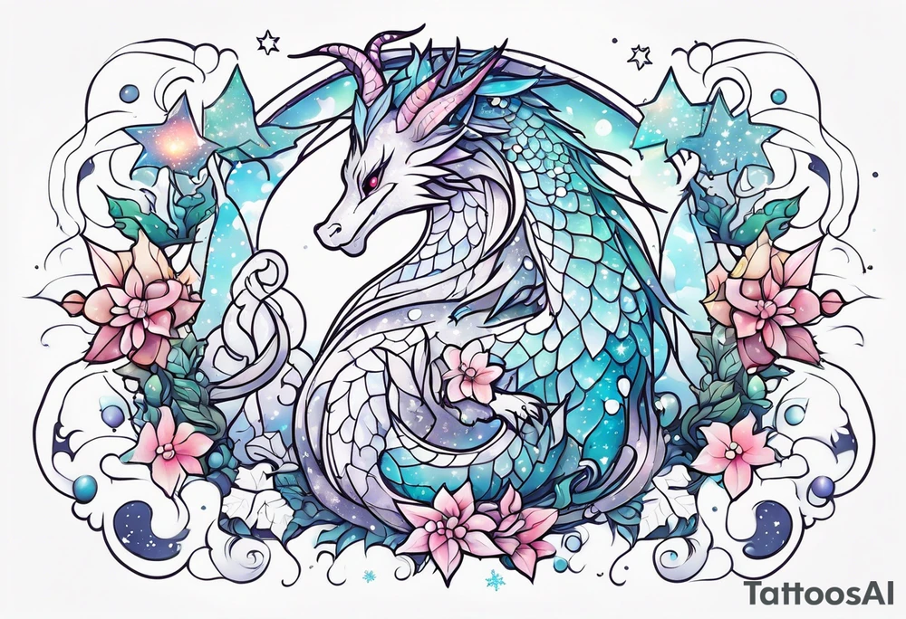 Constellation, kawaii dragon, snowflake tattoo idea