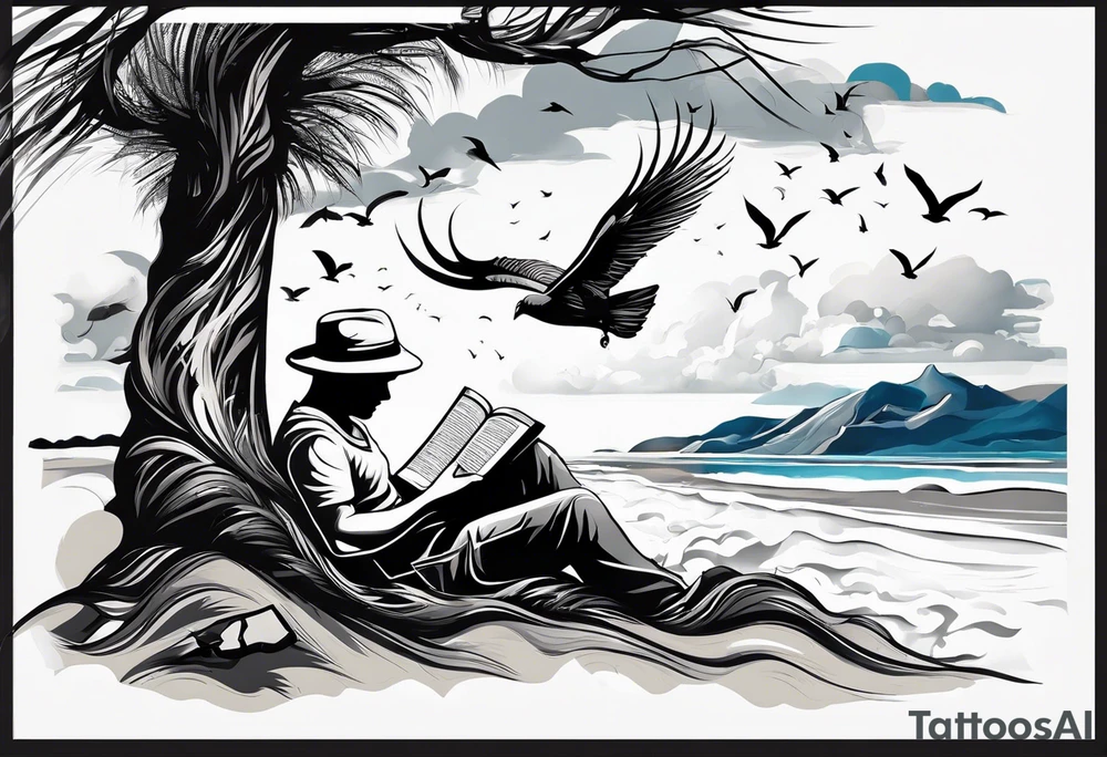 Someone is sitting on the beach reading a book and the pages are flying in the wind, the purpose of the tattoo is to emphasize that just as the pages are flying in the wind, you also have to flip through situations in life tattoo idea