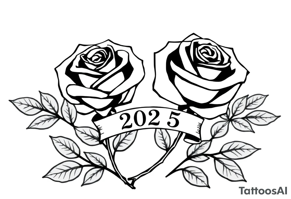 two beautiful large rose buds, one larger than the other, with many leaves next to the rose buds, with one sitting higher than the other. Include a banner connecting the two roses with the year "2025" on it.   Use dark outlines with little shading. The two stems should be short, not long, and connect and join into one stem, whimsically curved or twisted - not straight down. tattoo idea