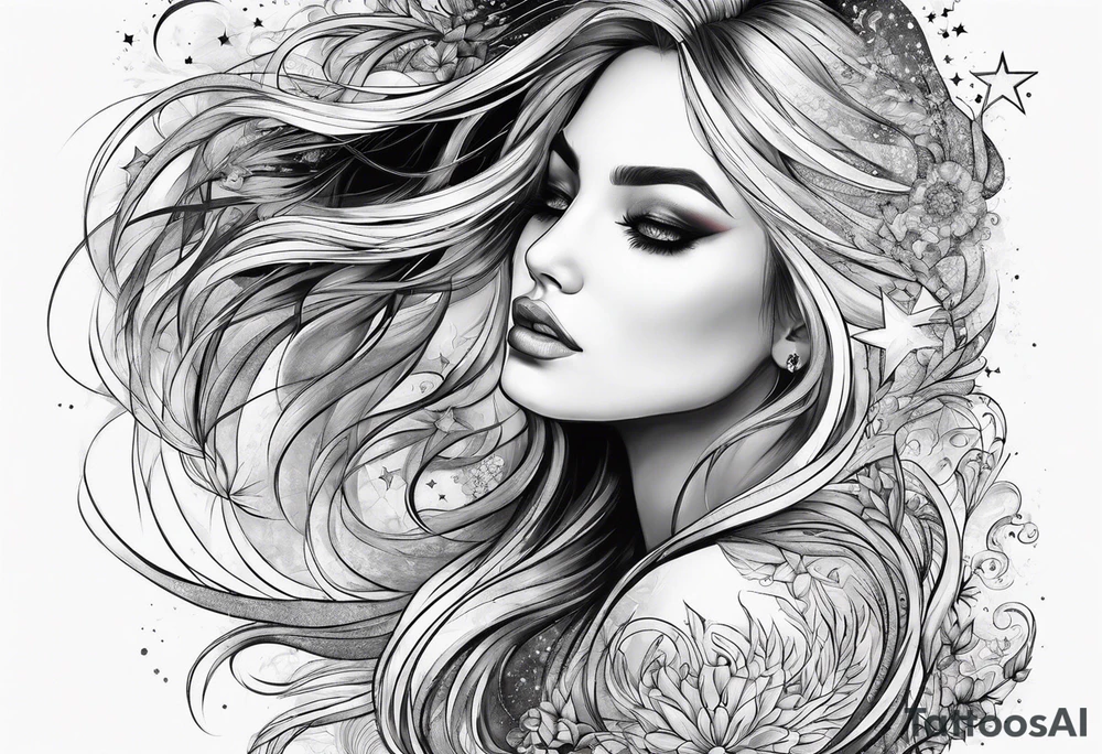 long haired woman reaching to stars tattoo idea