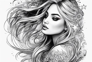 long haired woman reaching to stars tattoo idea