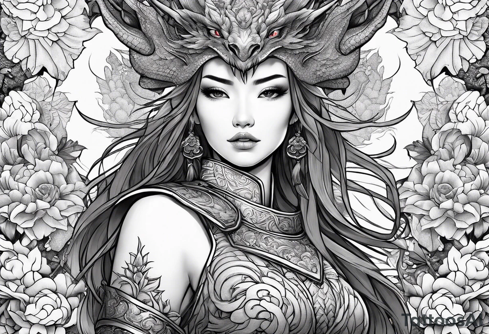 beautiful warrior woman wearing dragon armor and a floral background and a dragon a full picture tattoo idea