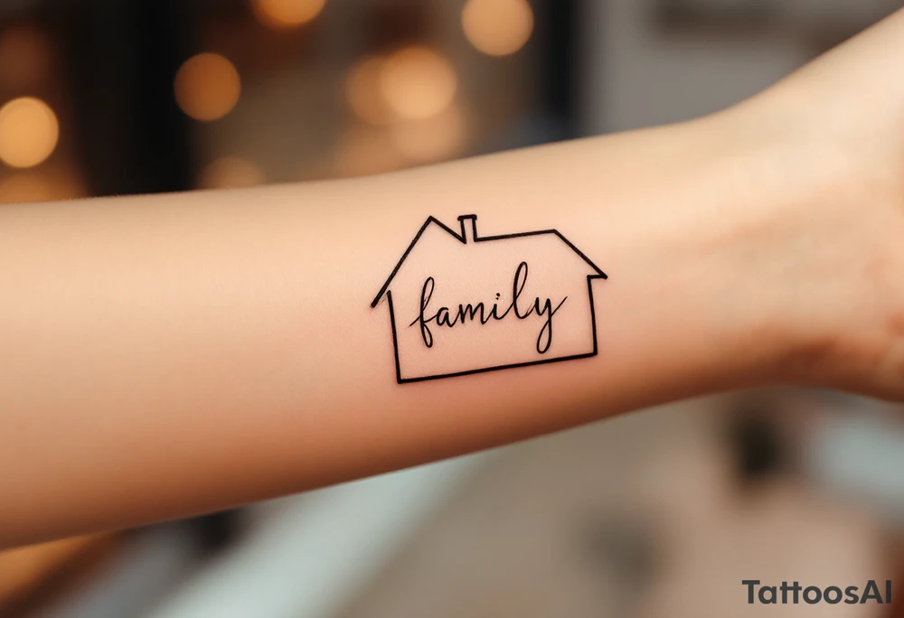 word family inside a house silhouette, with warm golden light from the windows. tattoo idea