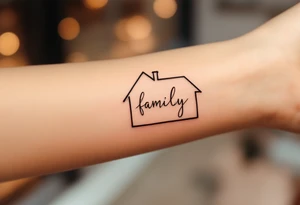 word family inside a house silhouette, with warm golden light from the windows. tattoo idea
