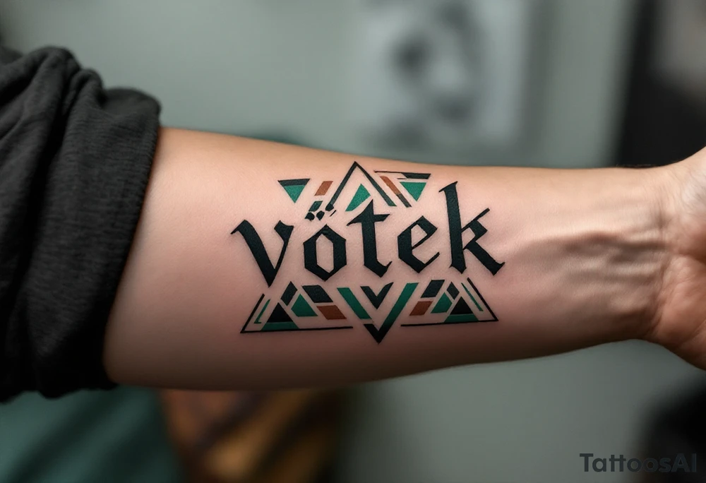 Vítek written in strong, clean letters, surrounded by geometric triangles in shades of forest green and earthy brown. tattoo idea