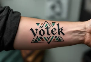 Vítek written in strong, clean letters, surrounded by geometric triangles in shades of forest green and earthy brown. tattoo idea