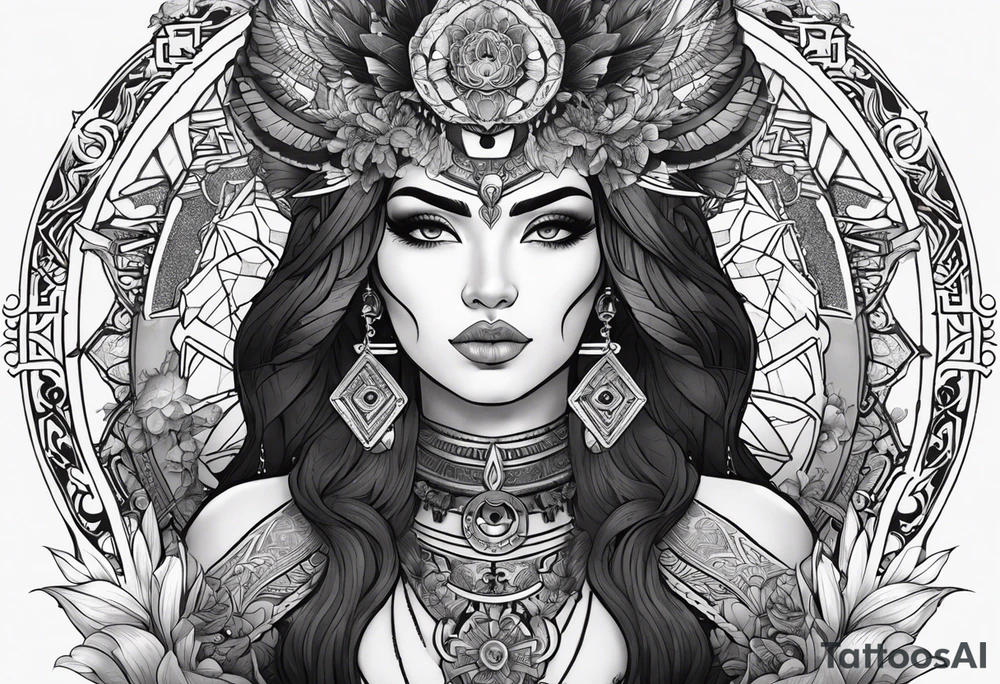 kali ma, alien goddess, valkrye, aries, pirate, divine feminine, zenza resonance, pachamama, lotus azul, blank panther, eagle, skull, 5D, nueva gaya, dna 12, left side chest tatoo tattoo idea