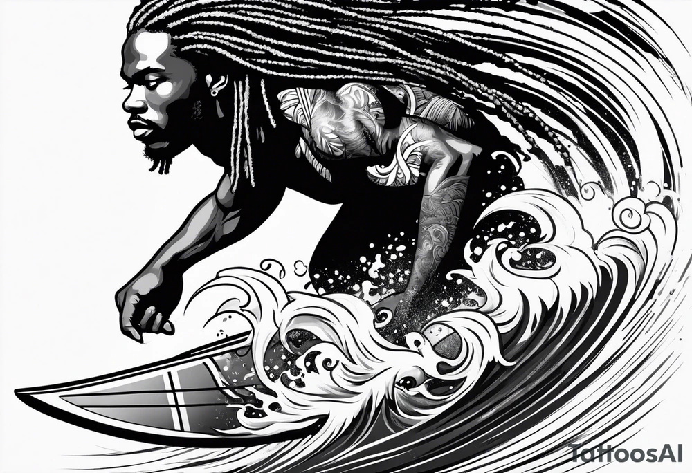 Black man with dreadlocks 
surfing tattoo idea