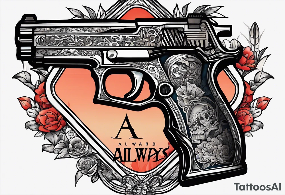 The letters AR with a pistol on each side and the word always on the top and ready on the bottom tattoo idea