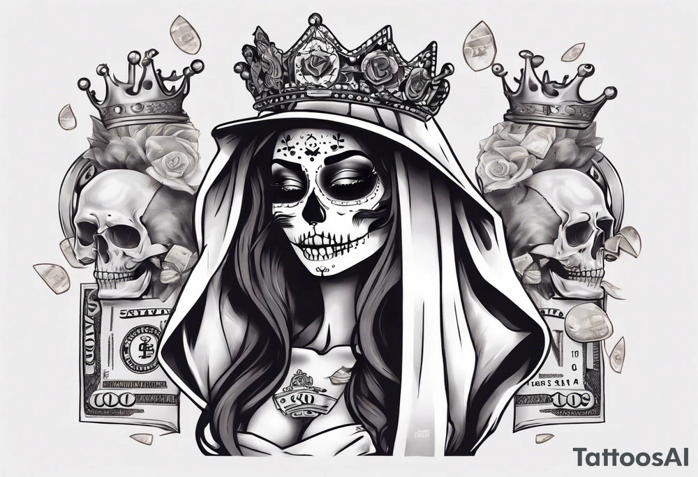 santa la muerta with money and crown
on the card tattoo idea