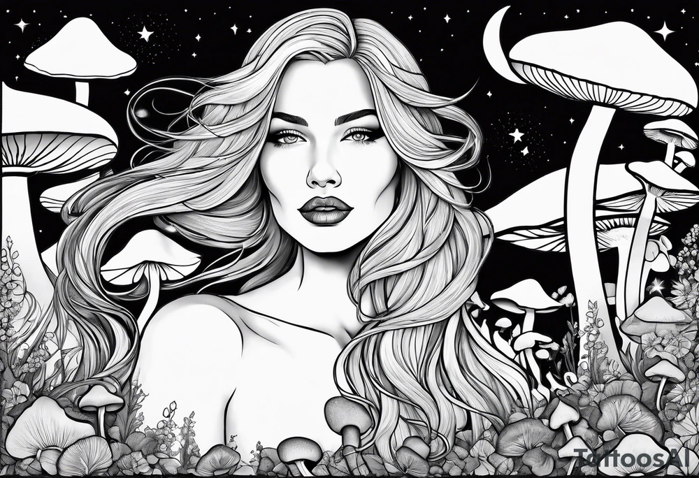 Fat older blonde woman long hair thin lips surrounded by mushrooms crescent moon mountains background "GRACEFUL" tattoo idea