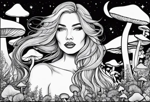 Fat older blonde woman long hair thin lips surrounded by mushrooms crescent moon mountains background "GRACEFUL" tattoo idea