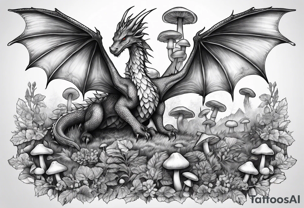 Mother dragon wings spread field of mushrooms tattoo idea