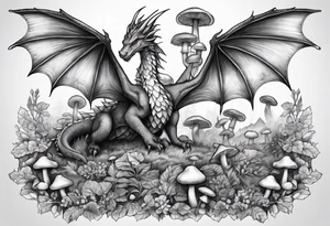 Mother dragon wings spread field of mushrooms tattoo idea