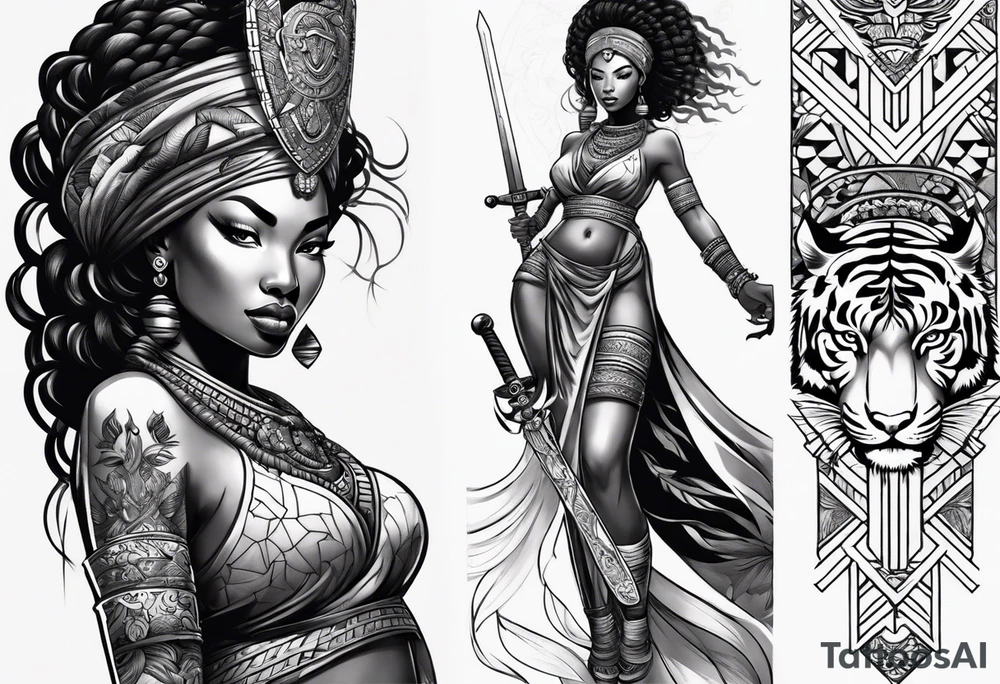 African goddess with sword and tiger Japanese traditional style full sleeve tattoo tattoo idea