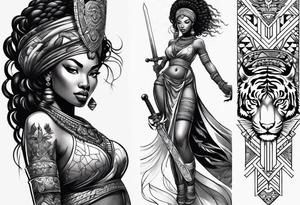 African goddess with sword and tiger Japanese traditional style full sleeve tattoo tattoo idea