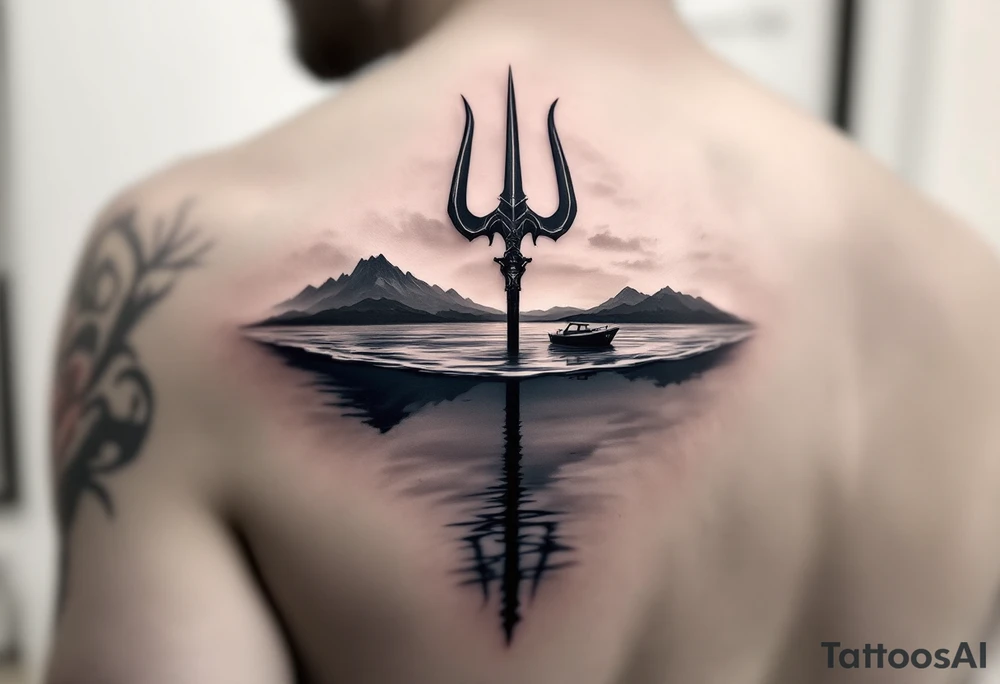 trident half way under calm water with sanger DXII boat and sunset tattoo idea