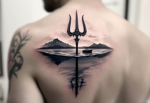 trident half way under calm water with sanger DXII boat and sunset tattoo idea