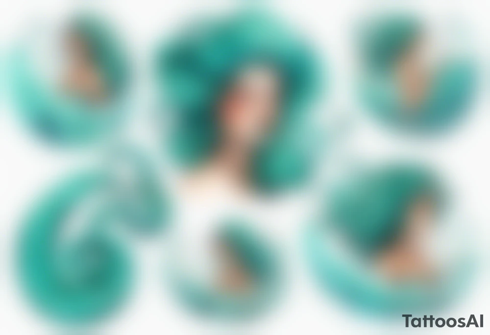 a beautiful chubby turquoise serpent woman emerging from an ocean wave, crashing onto the shore tattoo idea