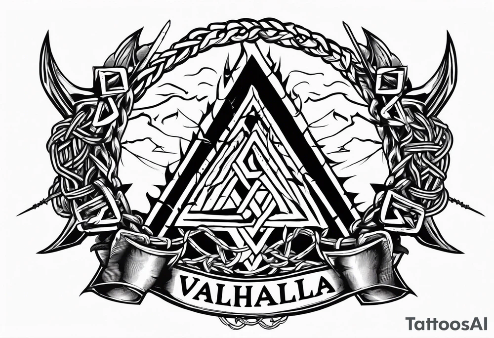 Valhalla sword shield axe barbed wire chains valknut fire tattoo idea Valhalla sword shield axe barbed wire chains valknut fire tattoo idea