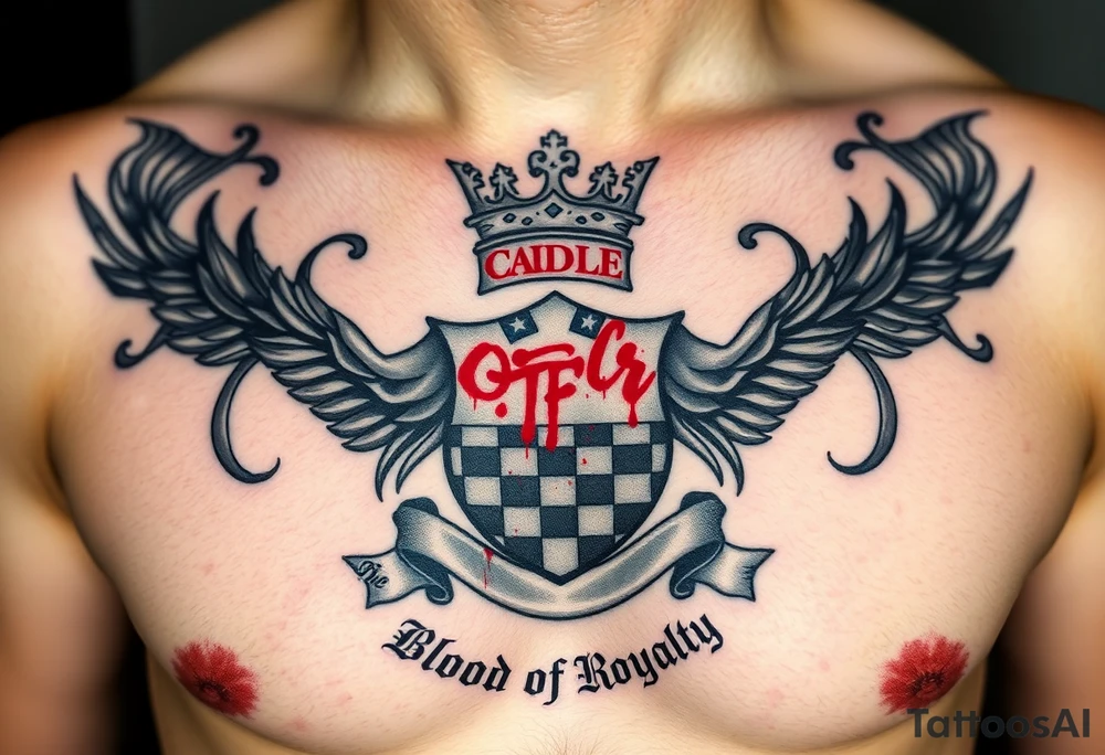 Men Crest  with A king crown on top, CAUDLE written inside red, a chessboard, blood splatter on top of two red racing flags & OTF inside, Smoke surrounding the outside of the crest, & The Words The Blood Of Royalty in red underneath the crest & a King chess piece surrounding the outside of the crest, And raining blood tattoo idea
