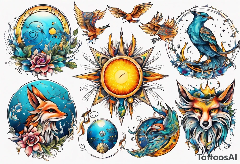 fisch, fuchs und eule , symetrie  sonne, universum, bunt tattoo idea