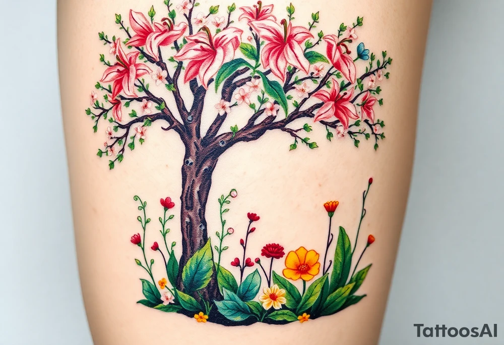 Lilly of the vally plants underneath a blooming hawthorn tree with other colorful plants on ground tattoo idea