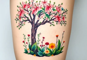 Lilly of the vally plants underneath a blooming hawthorn tree with other colorful plants on ground tattoo idea