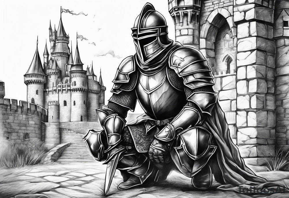Wounded knight on his knees in front of castle tattoo idea