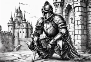 Wounded knight on his knees in front of castle tattoo idea