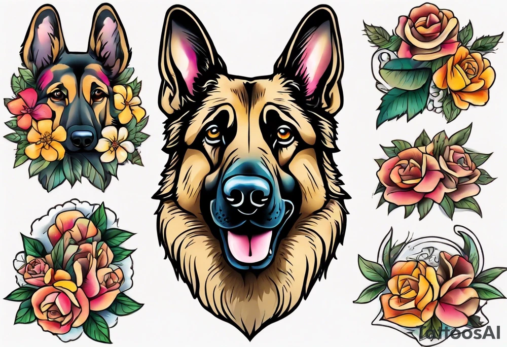 Sable coat German shepherd portrait brightly colored with flowers tattoo idea