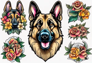 Sable coat German shepherd portrait brightly colored with flowers tattoo idea