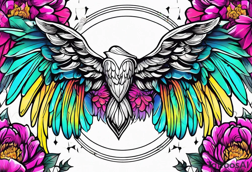 beautiful colorful neon angel wings, surrounded by beautiful peonies, new school style, streetwear, urban wear, white background tattoo idea