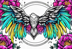beautiful colorful neon angel wings, surrounded by beautiful peonies, new school style, streetwear, urban wear, white background tattoo idea