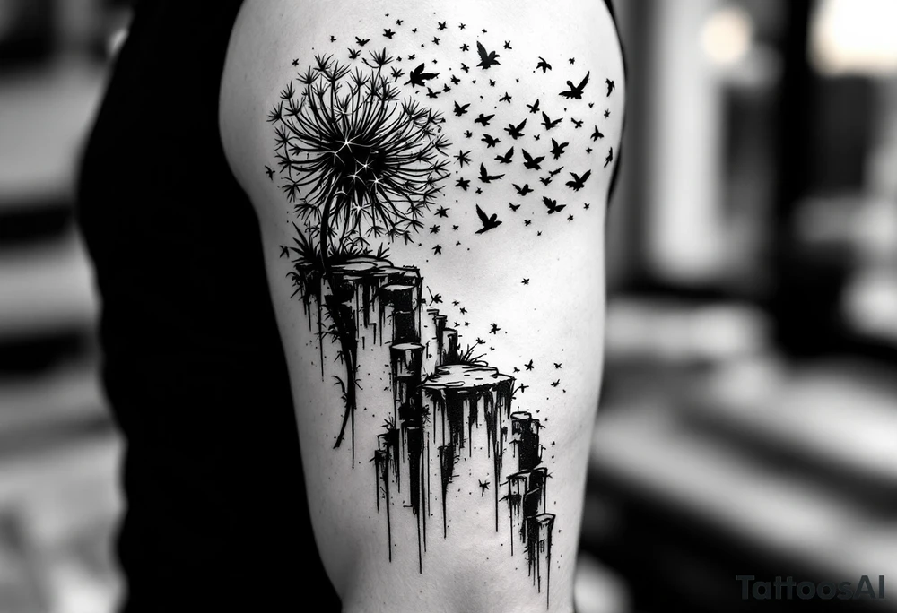 A dandelion with its leaves blowing away and turning into birds that fly up a waterfall tattoo idea