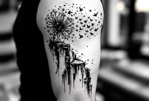 A dandelion with its leaves blowing away and turning into birds that fly up a waterfall tattoo idea