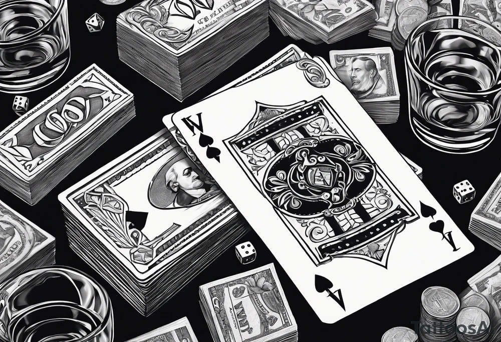 cards, money, dice, and whiskey on ice, tattoo idea