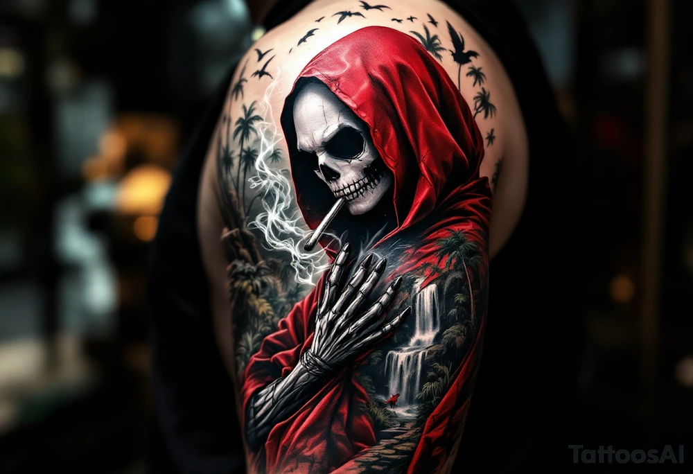 Jack skellington in red king robe , smoking a blunt, in nature jungle ...