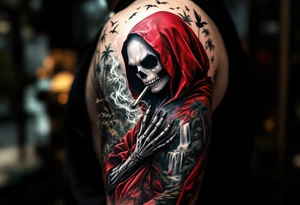 jack skellington in red king robe , smoking a blunt, in nature jungle, waterfall, birds, palm trees tattoo idea