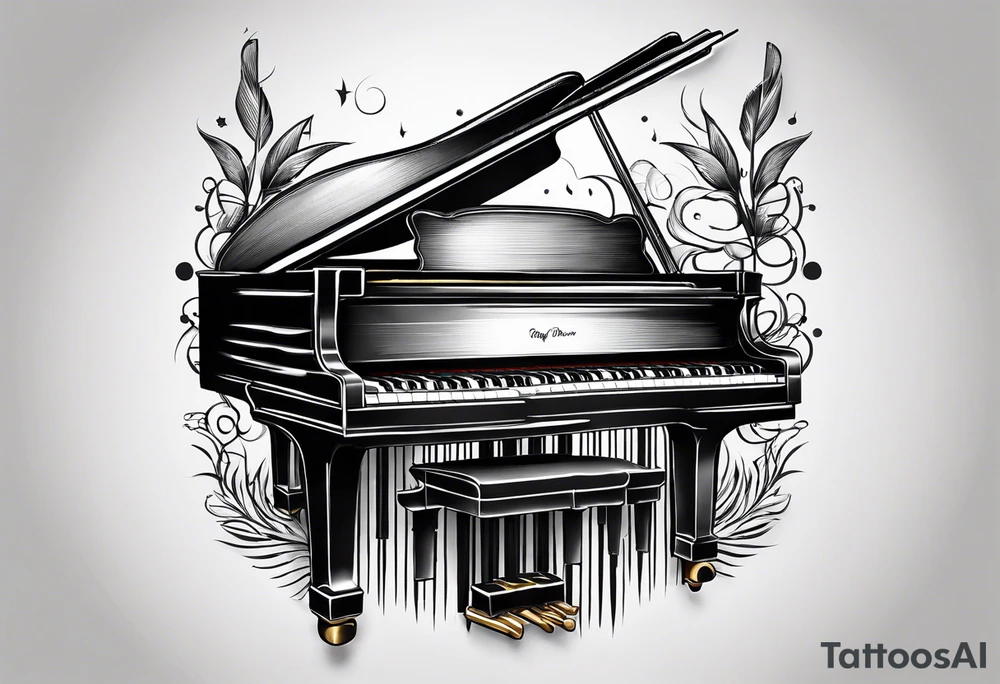 piano keys and drum sticks small on back of arm tattoo idea
