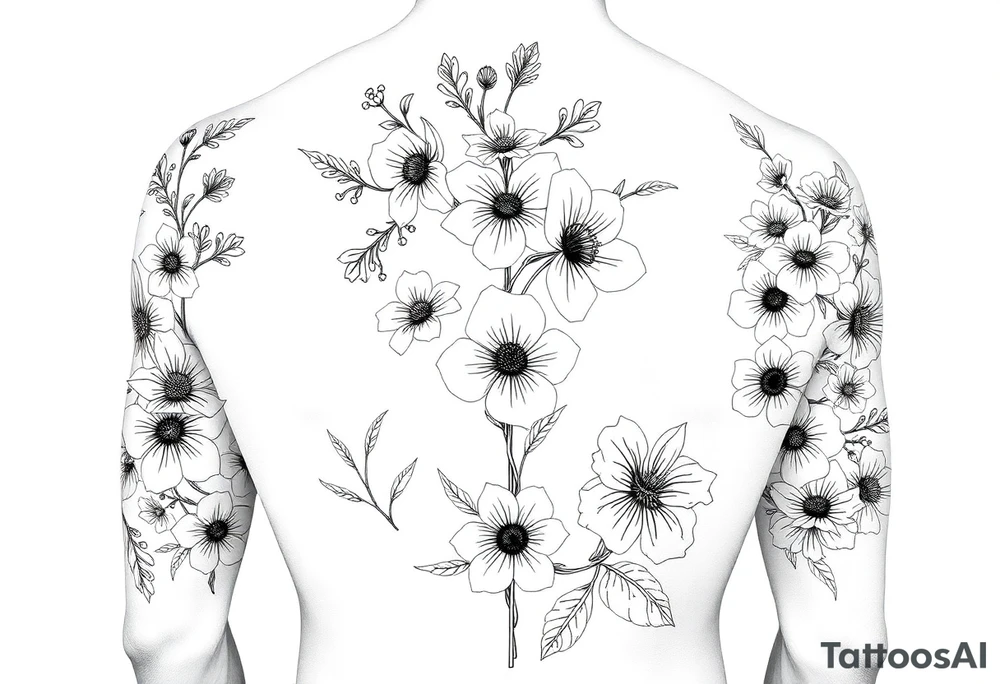 Full sleeve tattoo design of larkspur and hawthorn flowers, highly detailed line art, black ink, elegant botanical style, intertwined composition, no shading, no human mock-up, clean stencil style suitable for tattooing, fit fully within boundaries. LINE ART ONLY, REMOVE HUMAN, NO SKIN tattoo idea